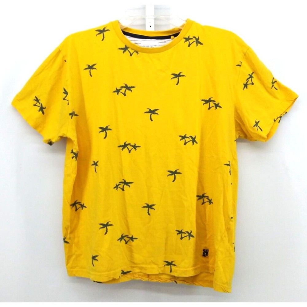 Denim & Flower Shirt Women's Size M Yellow Palm Tree Short Sleeve 100% Cotton